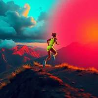 Digital pop-art illustration of a female runner on a mountain ridge under vivid pink and teal storm clouds