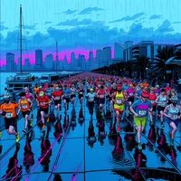 Large group of runners in colourful kit racing along a wet waterfront road, comic-book art style, city skyline at dusk.