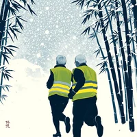 Comic book panning shot of runners with headlamps charging through a smoke-hazed bamboo forest in winter.