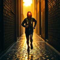 Runner sprinting through a narrow brick alleyway lit by warm golden light reflecting off wet cobblestones