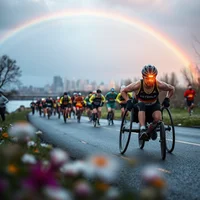 Wheelchair racer leading a road race on wet pavement under a rainbow, with cyclists and runners behind