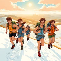 Four backpack-wearing runners racing down a snowy hillside under a bright golden sun