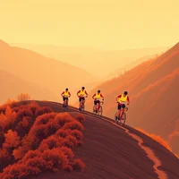Four cyclists riding along a hilltop trail bathed in warm orange sunset light with layered mountain ridges behind.