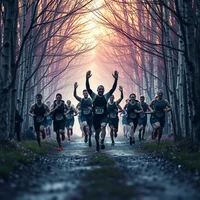 Group of runners racing along a misty forest trail at dusk, lead runner raising both arms