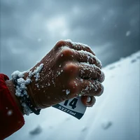 Snow-covered fist gripping a race bib numbered 14 in a blizzard