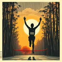 Silhouette of a runner raising arms at a finish line tape, framed by tall trees at sunset