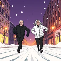 Comic-style illustration of two older adults running on a snowy city street at night under a purple sky.