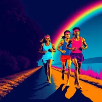 Pop-art style illustration of three runners on a road under a vibrant rainbow with a dark blue sky