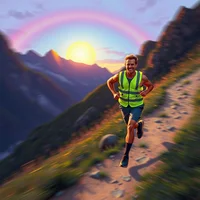 Pointillist painting of a solo military runner in hi-vis vest on mountain switchbacks at twilight with a rainbow backdrop.