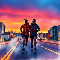 Two runners jogging side by side on a city road under a vibrant orange and purple sunset sky
