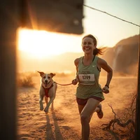 Woman wearing a race bib running with a dog on a leash across a sandy trail at sunrise