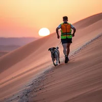 Runner in hi-vis vest and dog running up a sand dune at sunset in a desert landscape