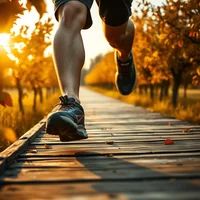 Close-up of a runner's legs and shoes on a wooden boardwalk path lined with autumn trees in golden light