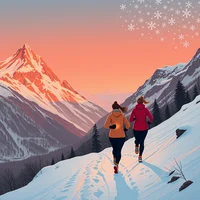 Two women in colourful running gear jogging along a snowy mountain trail at sunset, large peak in background