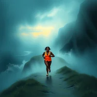 Woman in orange running vest sprinting along a rocky coastal path under dramatic stormy skies