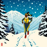 Illustrated woman in yellow and black running gear jogging along a snowy forest trail with mountains behind her