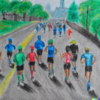 Group of runners in colorful athletic wear running on a road with trees and city skyline in background