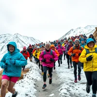 Low-angle pop-art race pack of older adults running winter mountain switchbacks in drizzle, bold Warhol halftone color blocks