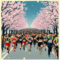 Ukiyo-e woodblock print of marathon crowd in reflective gear and headlamps on a snow-dusted cherry blossom avenue.
