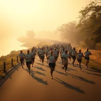 Surrealist painting of barefoot runners in monochrome outfits encouraging each other along a hazy riverside path.