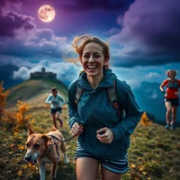 Smiling woman trail running with a dog on a hillside at dusk, full moon and purple sky behind her