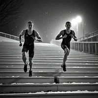 Two runners sprinting up snow-covered stadium steps at night under bright floodlights
