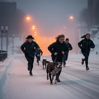 Group of people and a dog running together on a snowy urban street at night with glowing streetlights