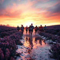 Group of runners on a wet path through a lavender field under a vivid pink and orange sunset sky