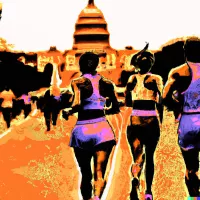 Group of runners seen from behind on a road, heading toward a domed building in a stylized orange and pink scene