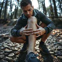 Runner massaging a sore calf during a pause on a cobblestone trail, easing tight calf muscles