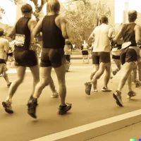 Sepia-toned photo of several runners seen from behind on a city street, wearing tank tops and running shorts.