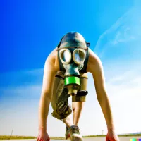 Person wearing a gas mask crouched in a sprint start position on a road under a bright blue sky