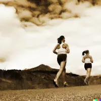 Two women running on a dirt trail toward hills under a cloudy, sepia-toned sky.