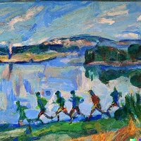Painting of several stylised figures running in a line along a lakeshore, with blue water, green hills and a pale sky