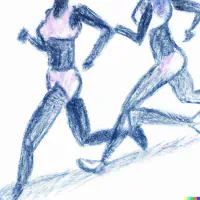 Blue pencil sketch of two runners in side profile, one slightly ahead, with purple shading on a white background