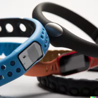 Several fitness tracker wristbands in blue, orange, red and black on a plain white background