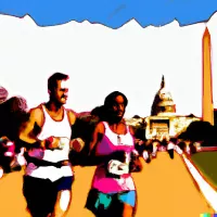 Two runners on a city road passing a domed government building and tall obelisk under a blue sky