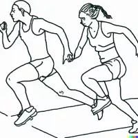 Two athletes running side by side in a track race, line drawing style