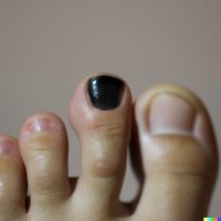 Close-up of bare toes with the big toenail dark black, next to pale toes on a plain beige background