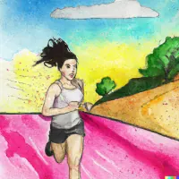 Watercolor illustration of a woman running on a pink path with green trees and a yellow sky