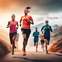 Group of runners in athletic wear running on a road with mountains in background