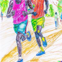 Crayon-style drawing of two runners from behind, one in a pink top and teal shorts, one in orange and yellow shorts.