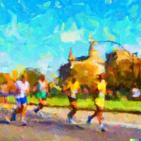 Group of runners racing along a tree-lined road, painted in an impressionist style