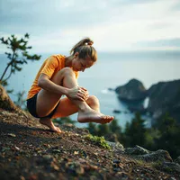 Barefoot runner seated on coastal cliffs pressing the arch, checking the foot before choosing a taping method