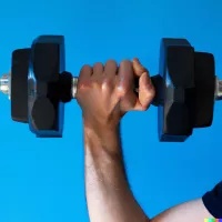 Hand gripping a black hex dumbbell against a plain blue background, with the forearm raised