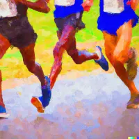 Painted-style image of several runners' legs in shorts on a path, with blurred green and yellow background