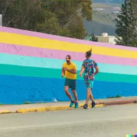 Two people walking along a road past a wall painted in horizontal pink, yellow, green and blue stripes