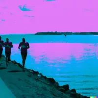 Three runners jog along a path beside rocks and a calm teal lake under a pink and purple sky.