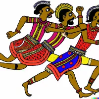 Illustration of three people in patterned skirts and loincloths running side by side on a white background