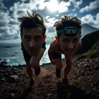 Two runners on a rocky coastal trail, one in a dark top and one in an orange top, leaning forward under a cloudy sky